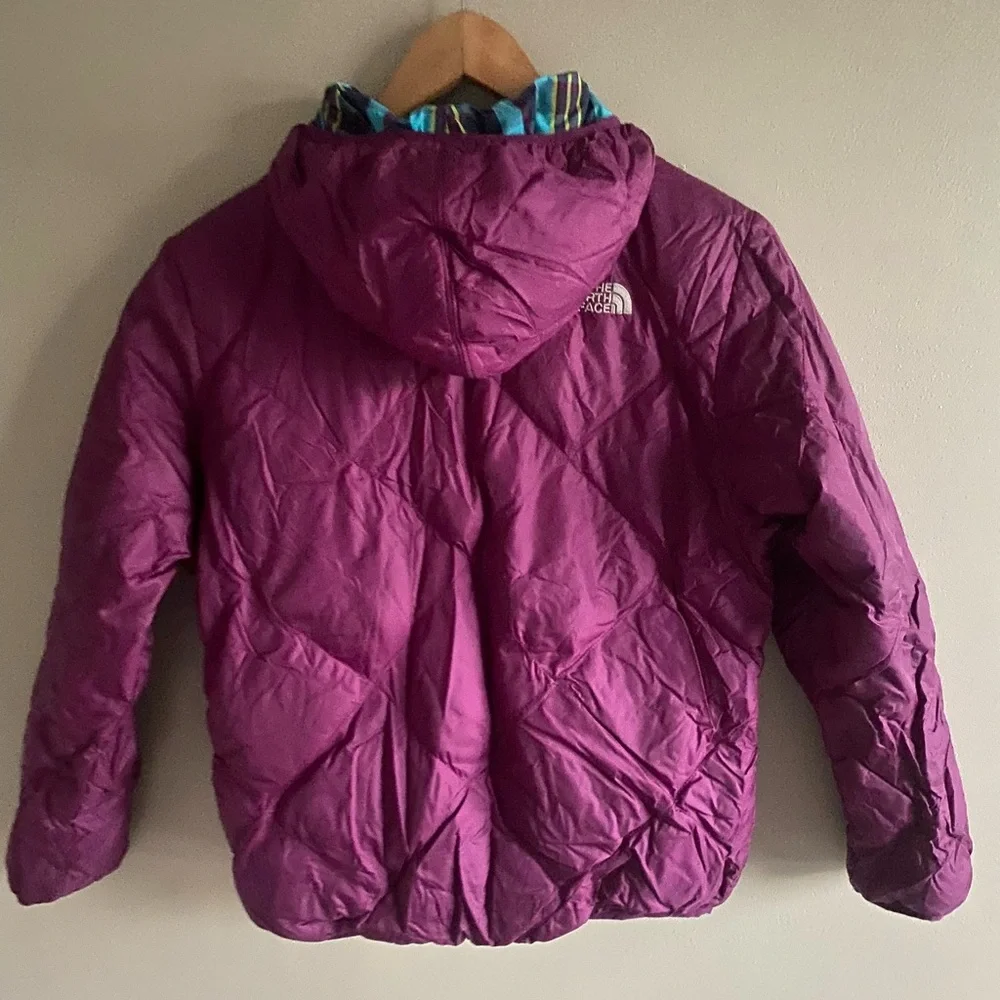 The North Face Jacket Girls L 16/18‎ Hooded Purple Reversible Plaid Mossbud 550